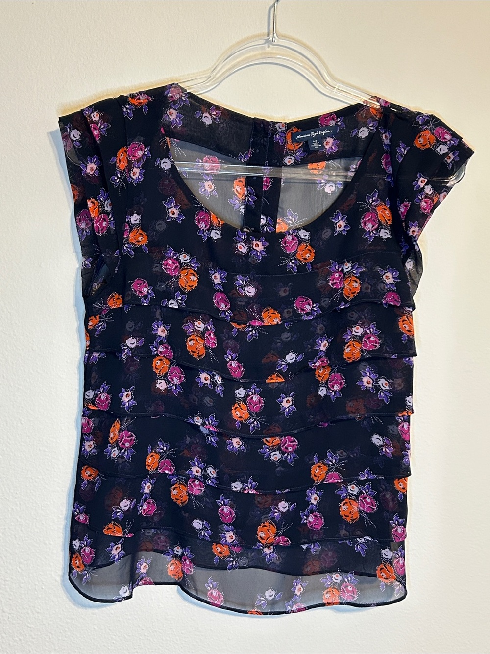 American Eagle Outfitters Floral Sheer Blouse – Navy Multicolor Top Size S